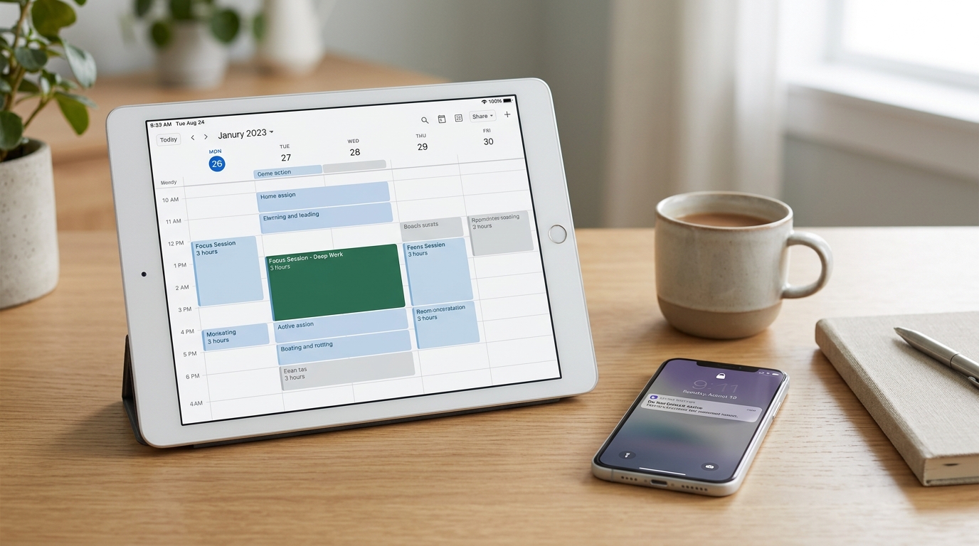 Calendar with a protected focus block for deep work