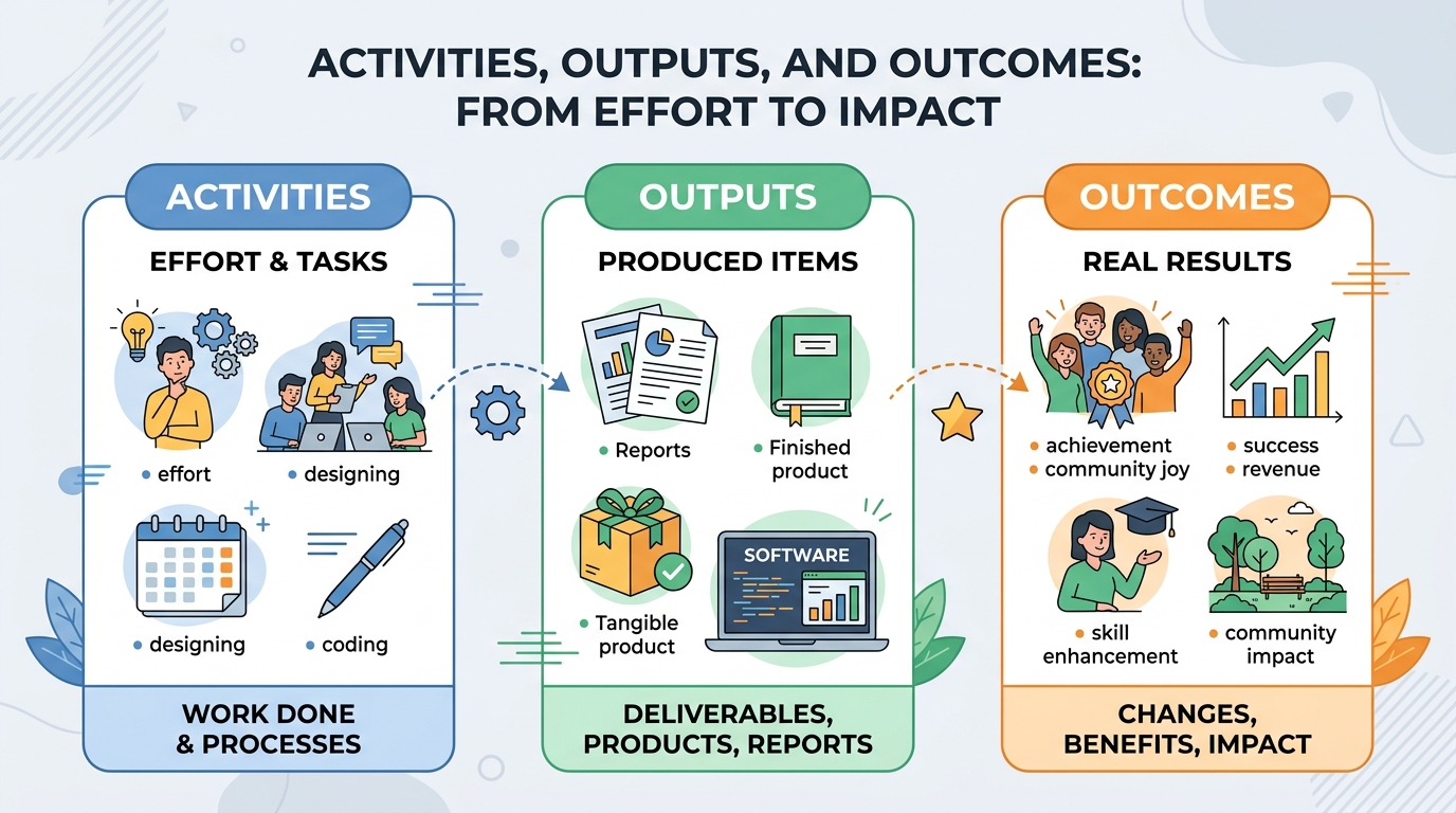 Difference between activities outputs and outcomes shown simply