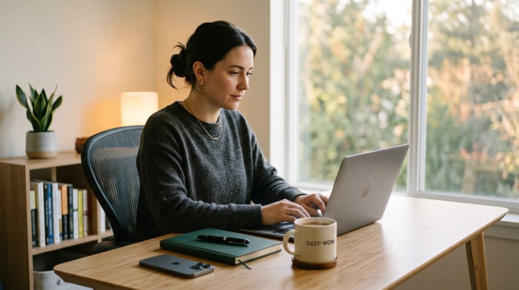 Focused person doing deep work at a calm tidy desk