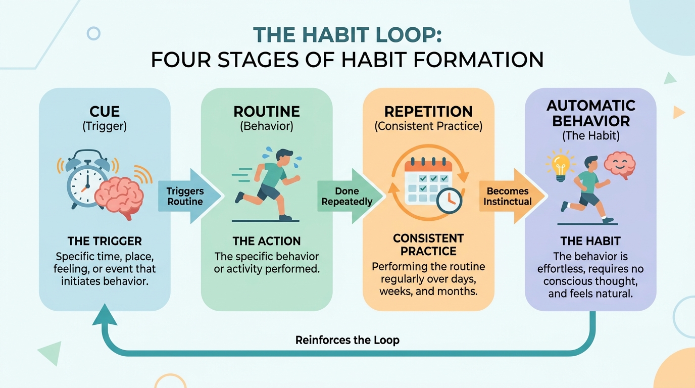 Habit loop showing cue routine repetition and automaticity