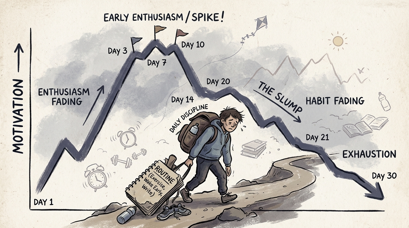 Motivation fading and a new habit breaking down over time