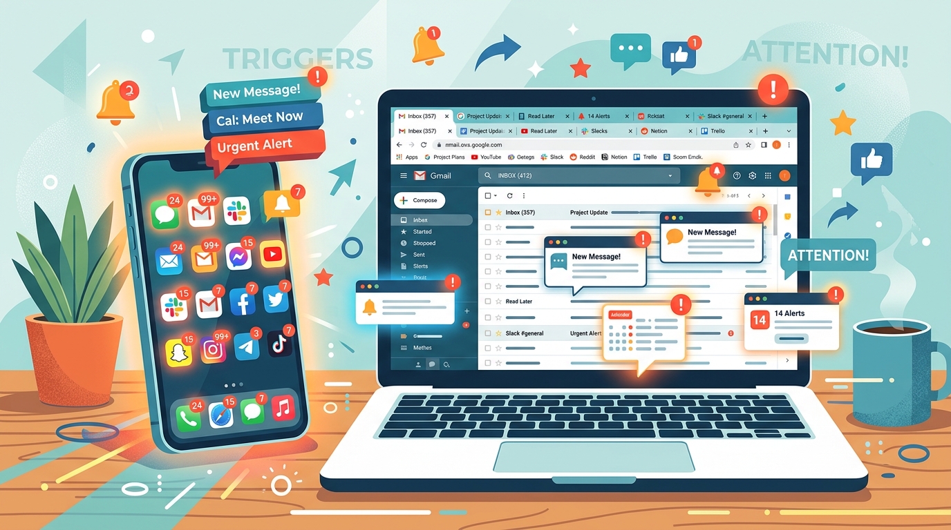 Notifications and open tabs that trigger context switching