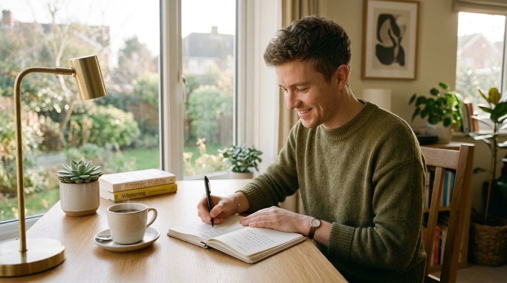 Person doing a small daily productivity habit at a desk