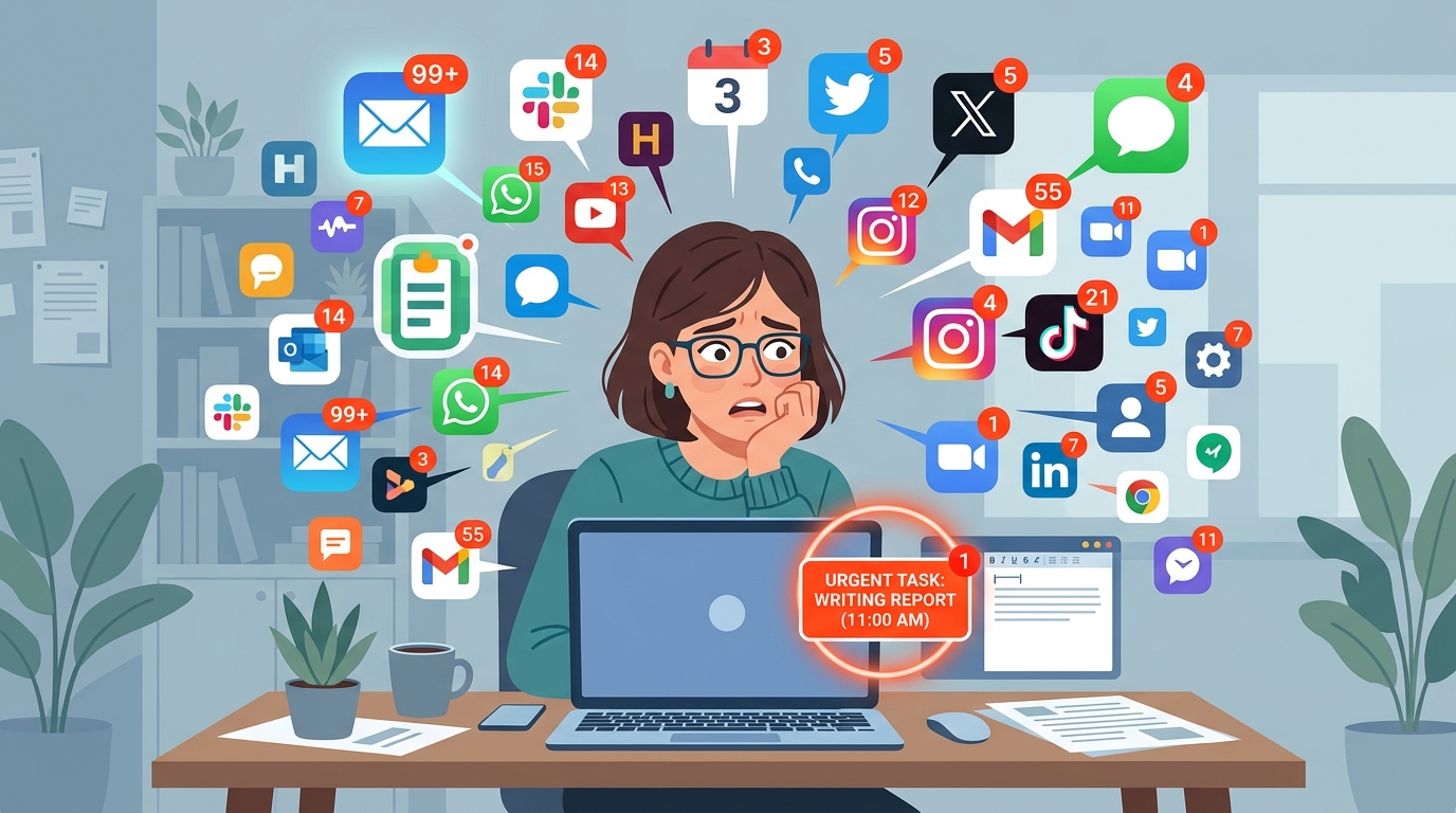 Person overwhelmed by many app notifications and icons