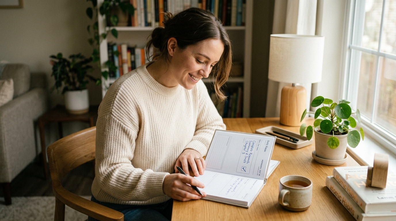 Person planning goals around results at a tidy desk