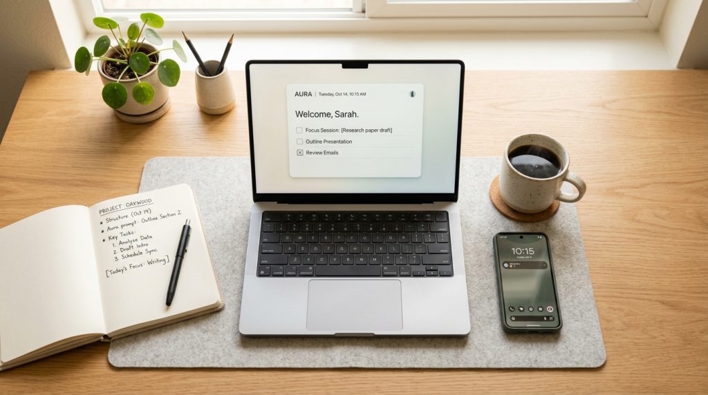 Tidy desk with laptop showing an AI productivity assistant